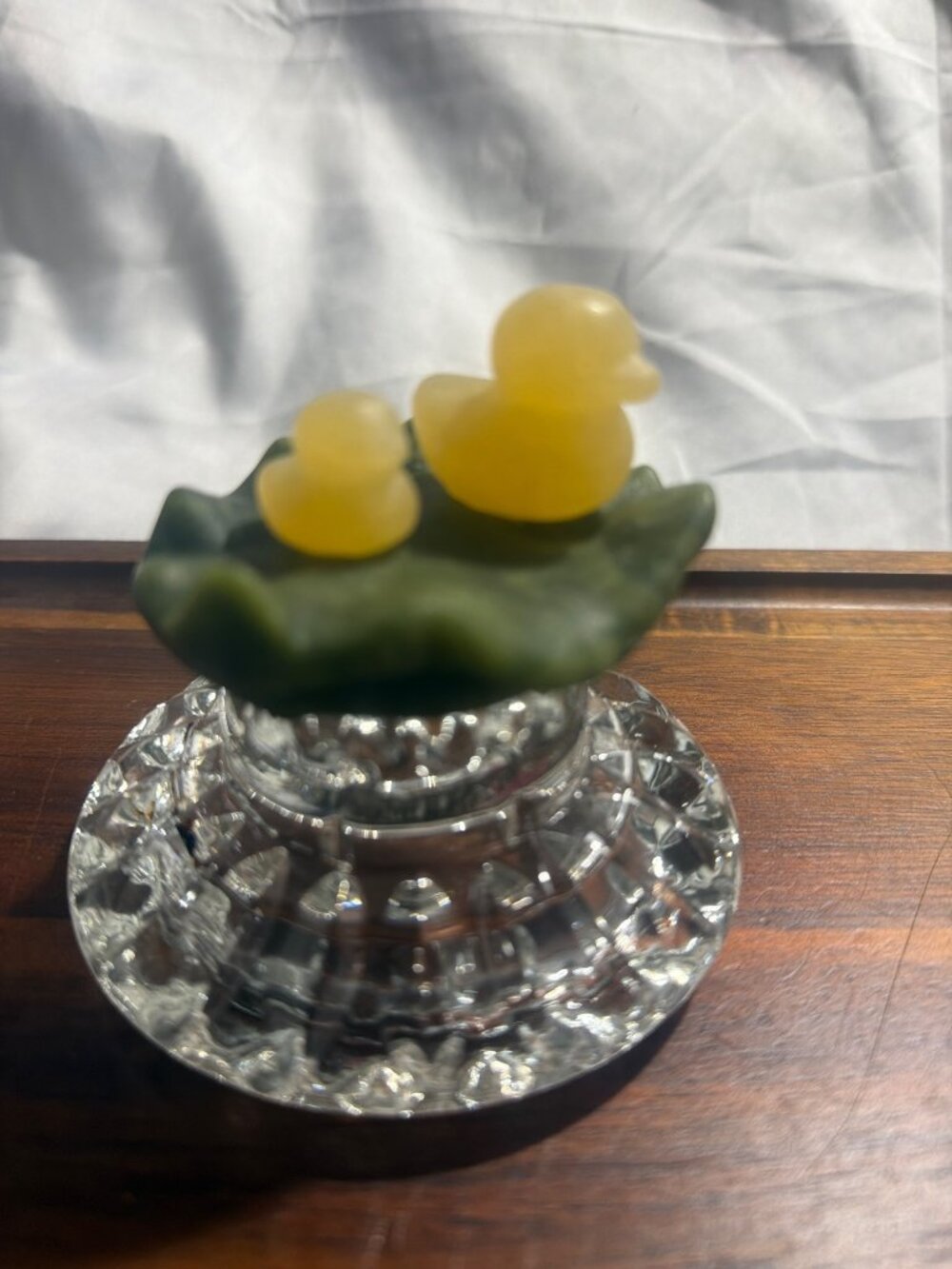 Yellow Calcite Ducks on Jade Lilypad Crystal Carving